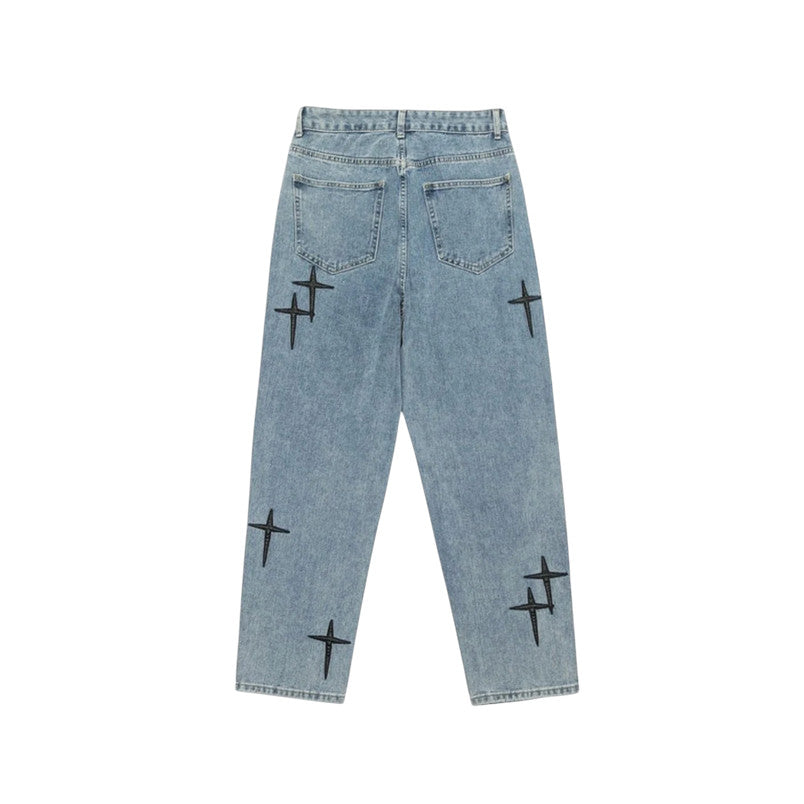 Jeans Baggy in denim Azzurro con Croci in Pelle Uomo1