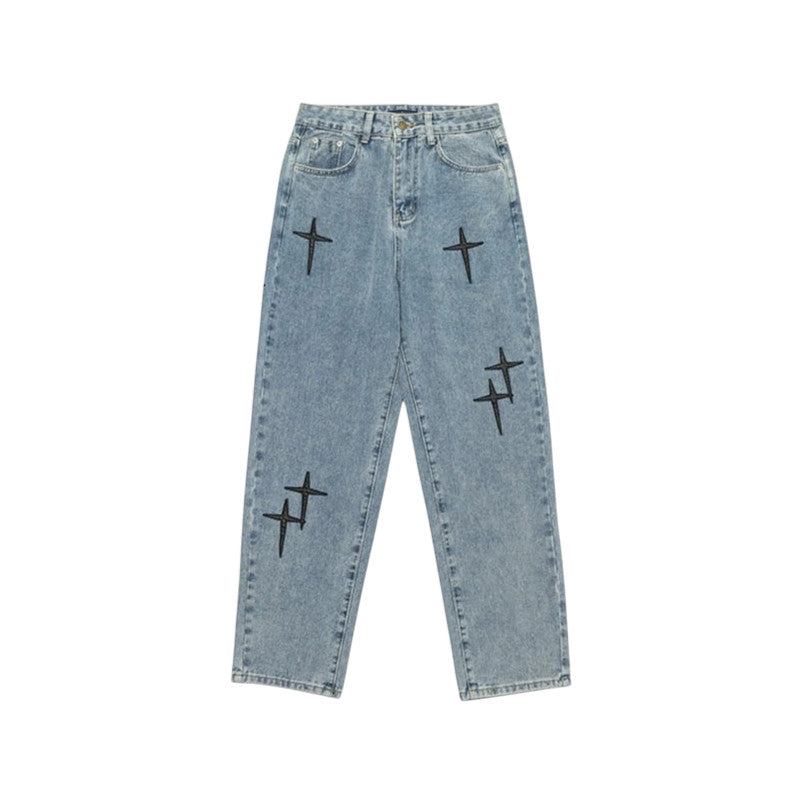 Jeans Baggy in denim Azzurro con Croci in Pelle Uomo