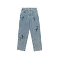 Jeans Baggy in denim Azzurro con Croci in Pelle Uomo