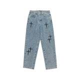 Jeans Baggy in denim Azzurro con Croci in Pelle Uomo