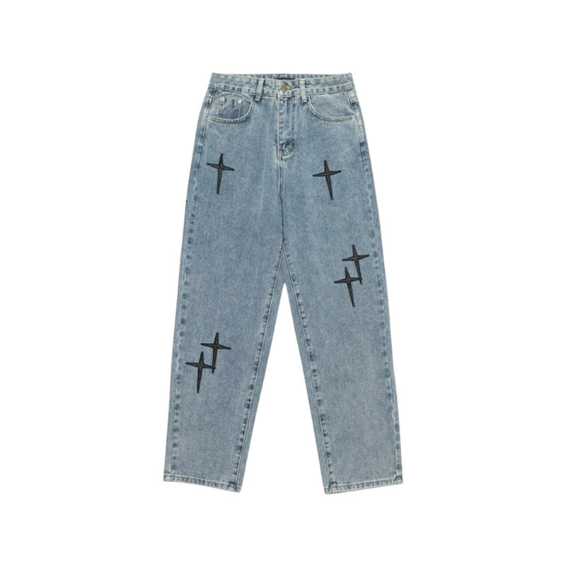 Jeans Baggy in denim Azzurro con Croci in Pelle Uomo