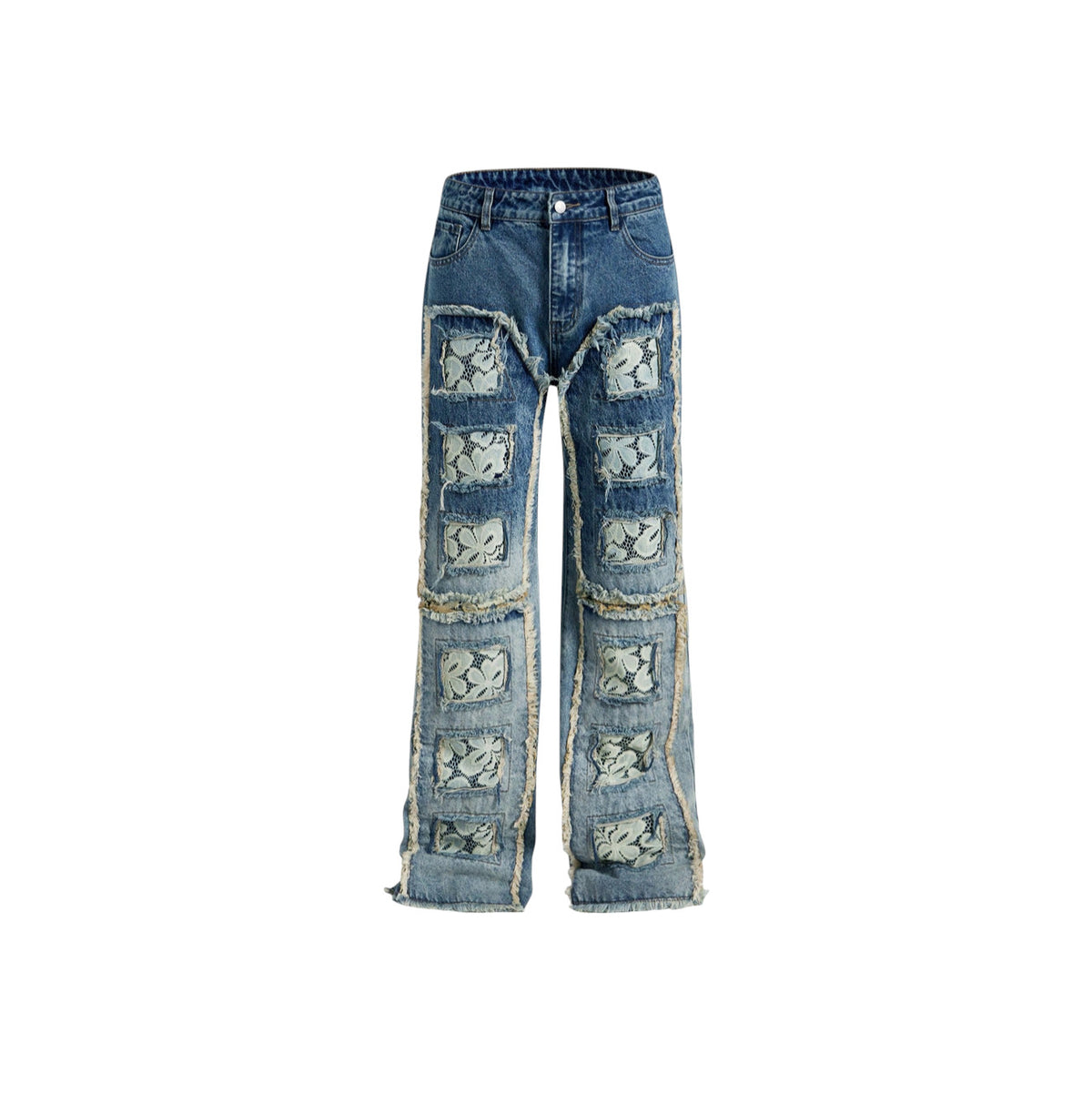 Jeans Baggyin denim Blu con Patchwork in Pizzo1