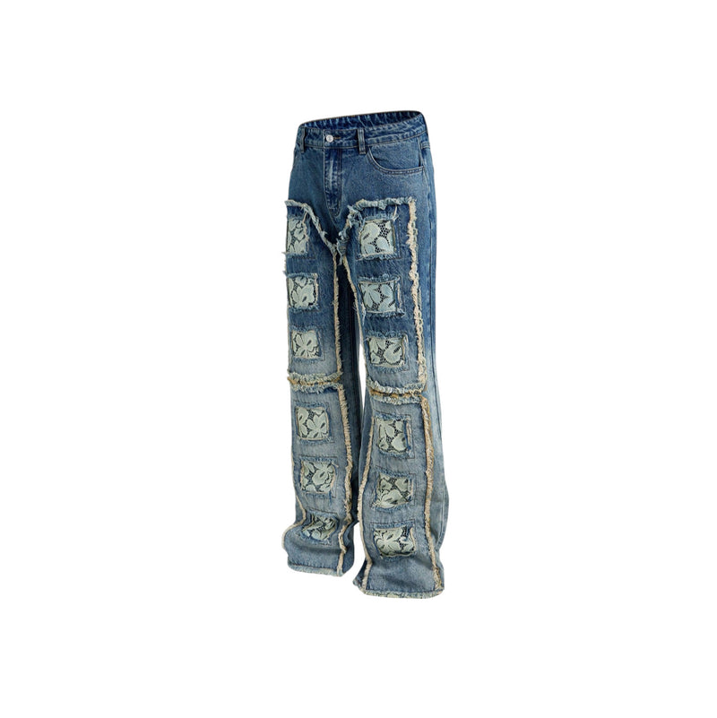 Jeans Baggyin denim Blu con Patchwork in Pizzo