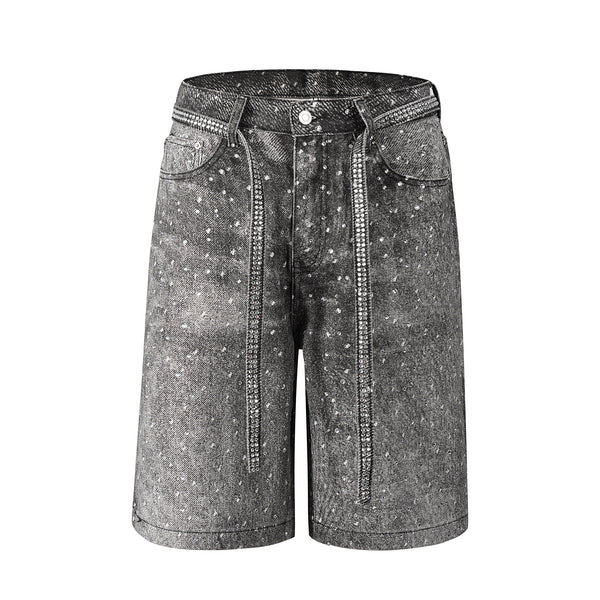 Jeans Corto in Denim con Diamanti e Cintura