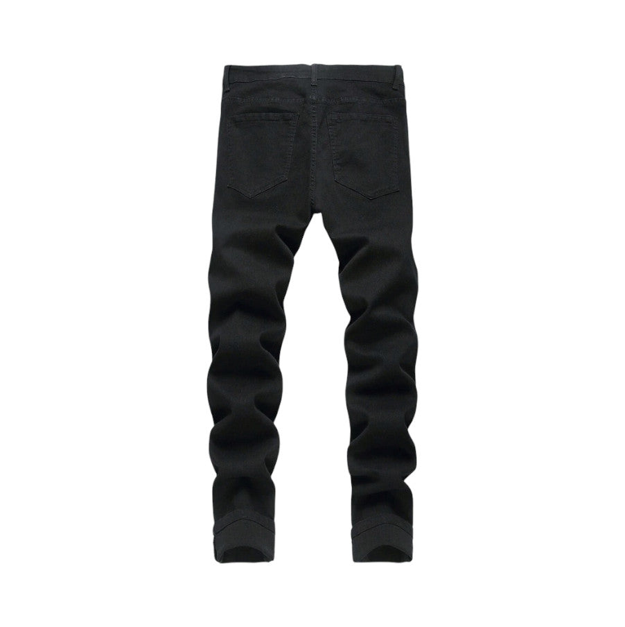  Jeans Slim Fit da uomo in Denim Neri con Strappi e dettagli in Pelle Rosa1