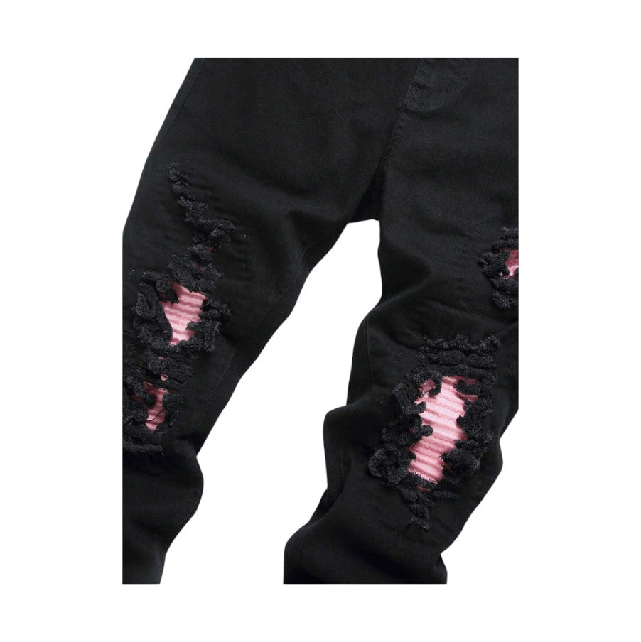  Jeans Slim Fit da uomo in Denim Neri con Strappi e dettagli in Pelle Rosa2