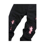  Jeans Slim Fit da uomo in Denim Neri con Strappi e dettagli in Pelle Rosa2
