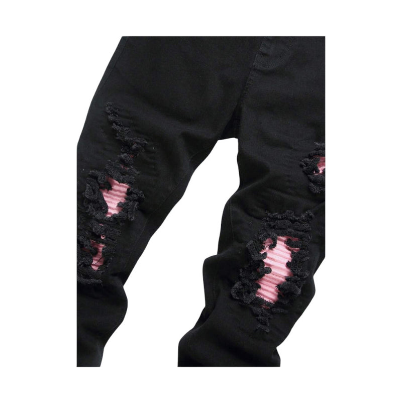  Jeans Slim Fit da uomo in Denim Neri con Strappi e dettagli in Pelle Rosa2