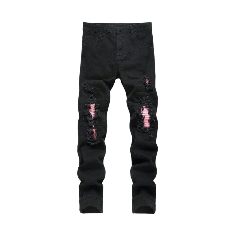  Jeans Slim Fit da uomo in Denim Neri con Strappi e dettagli in Pelle Rosa