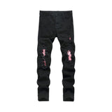  Jeans Slim Fit da uomo in Denim Neri con Strappi e dettagli in Pelle Rosa