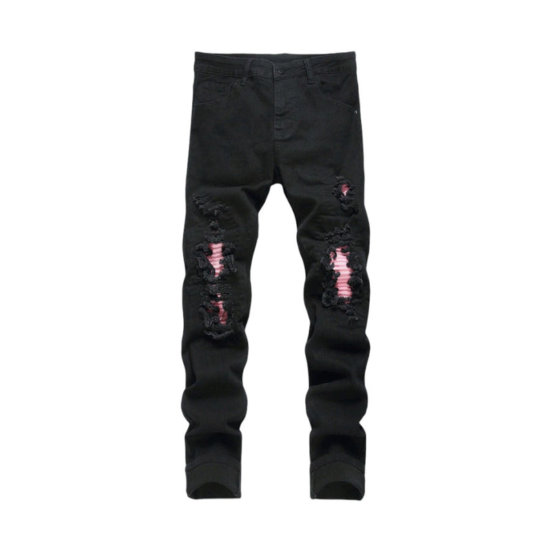  Jeans Slim Fit da uomo in Denim Neri con Strappi e dettagli in Pelle Rosa