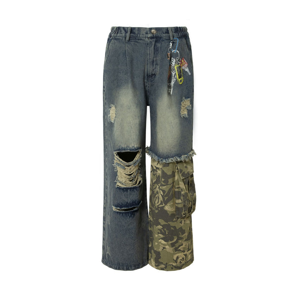 Jeans in Denim Blu con Stampa Portachiavi