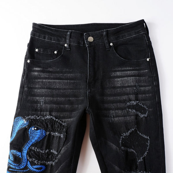 Jeans in denim Nero  Snake Slim Fit con Serpenti BluUomo