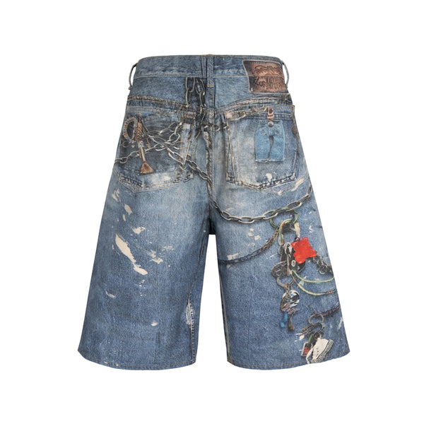 Pantaloncini Jeans Corto in denim Blu Fit Baggy con Stampoa Portachiavi Acne