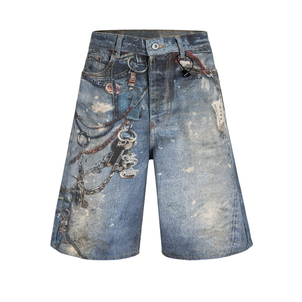 Pantaloncini Jeans Corto in denim Blu Fit Baggy con Stampoa Portachiavi Acne