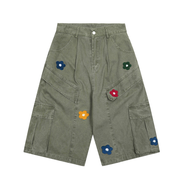 Pantalone Corto Cargo con Fiori Ricamati Uomo