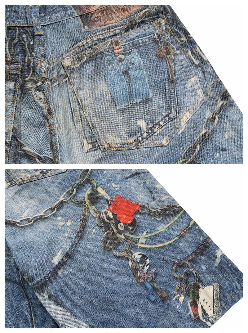 Pantaloncini Jeans Corto in denim Blu Fit Baggy con Stampoa Portachiavi Acne