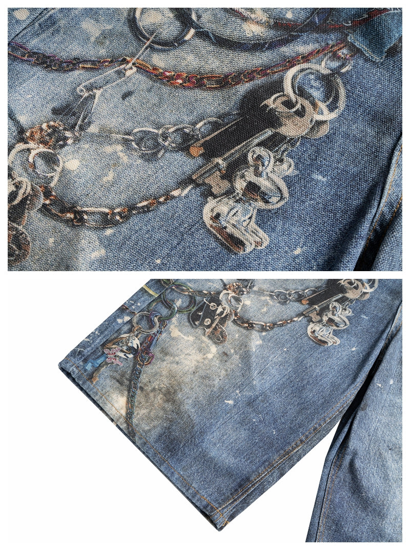 Pantaloncini Jeans Corto in denim Blu Fit Baggy con Stampoa Portachiavi Acne
