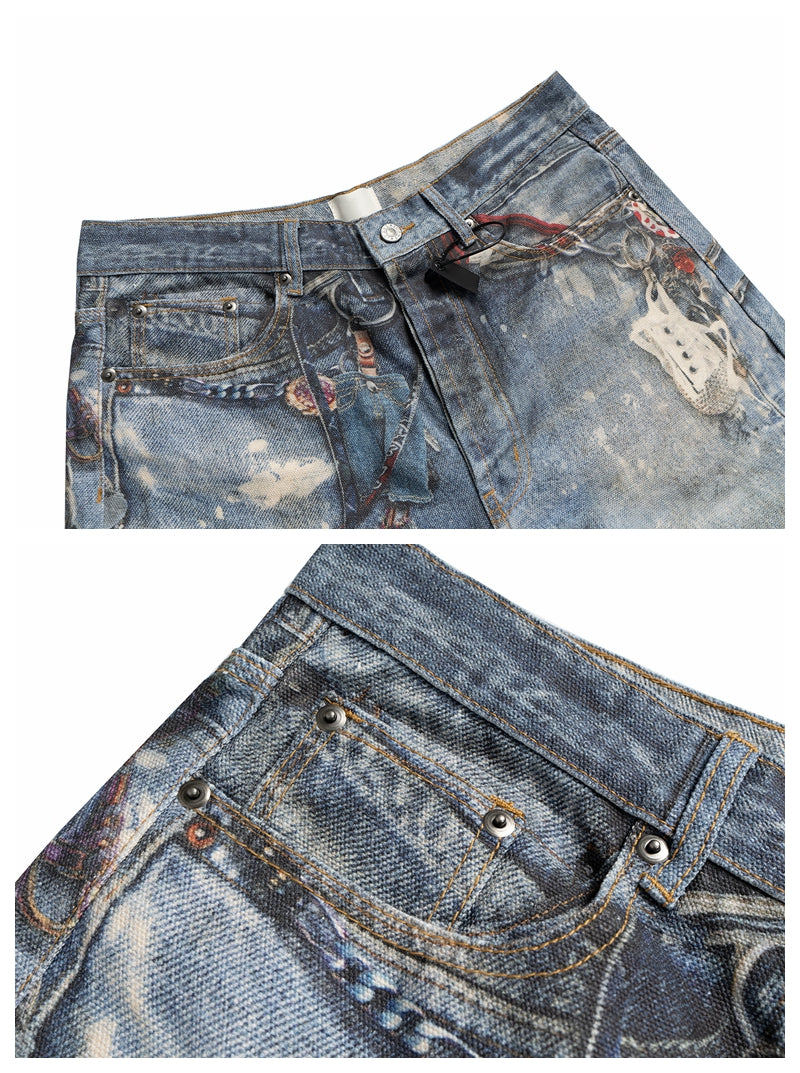 Pantaloncini Jeans Corto in denim Blu Fit Baggy con Stampoa Portachiavi Acne