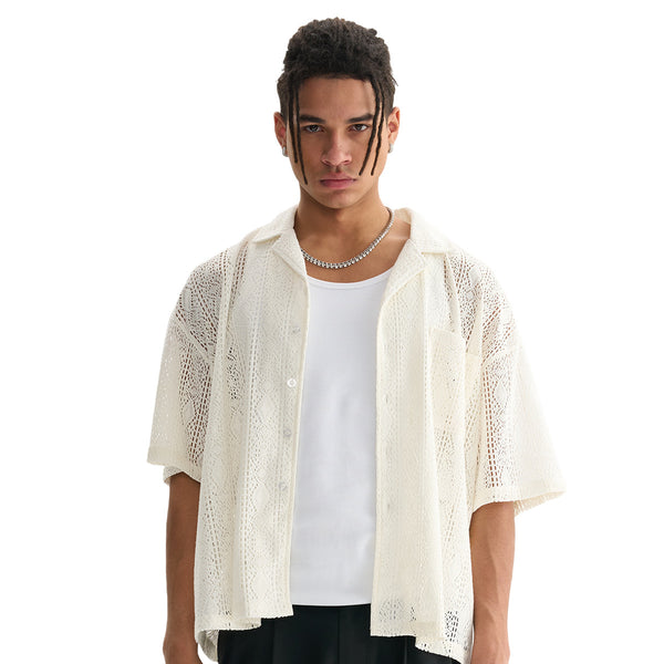 Camicia Estiva Traforata in Pizzo Uomo Vestibilità Boxy Fit