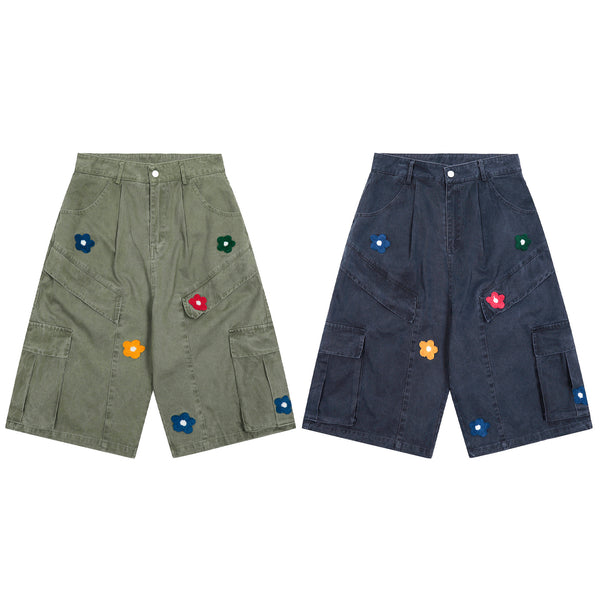 Pantalone Corto Cargo con Fiori Ricamati Uomo